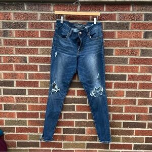 American Eagle Outfitters Mid Rise Dark Blue Distressed Skinny Denim Jeans